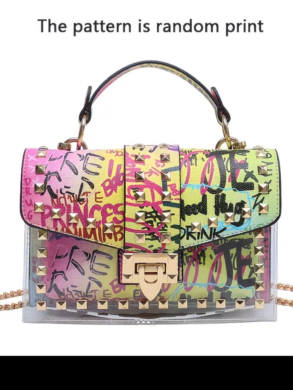 Graffiti Print Multicolor Studded Shoulder Bag